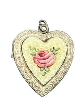 Guilloche painted enamel flower heart locket pendant fr necklace sterling silver